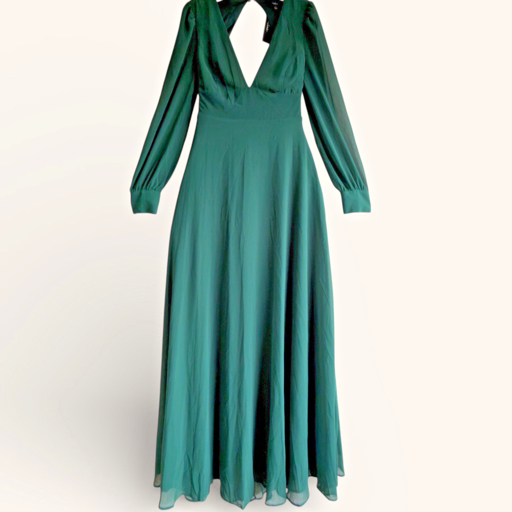 Lulus Talk About Divine Hunter Green Chiffon Maxi Dress Open Back Tie SZ L NWT